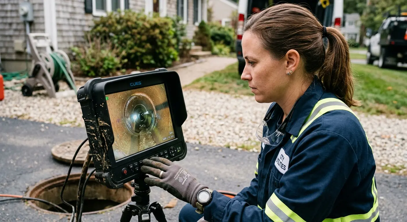 Technician reviewing sewer camera inspection footage in Alameda