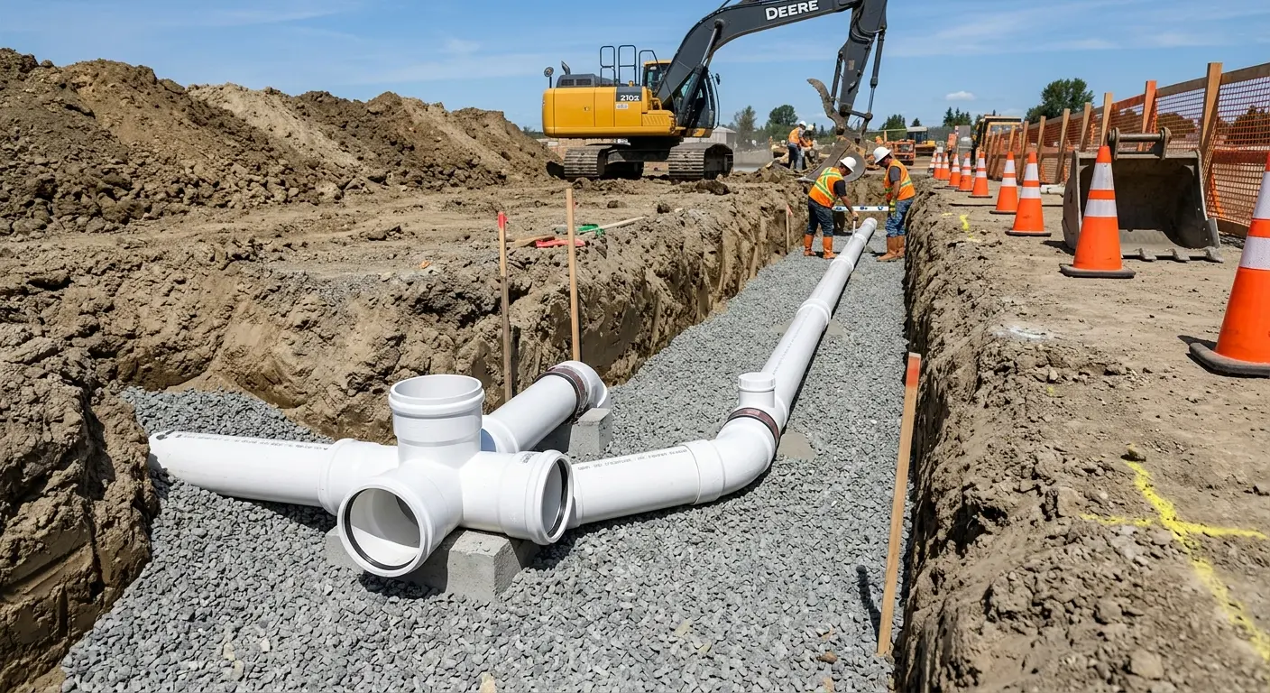 New PVC sewer pipe installation in open trench for Grease Trap Cleaning in Alameda