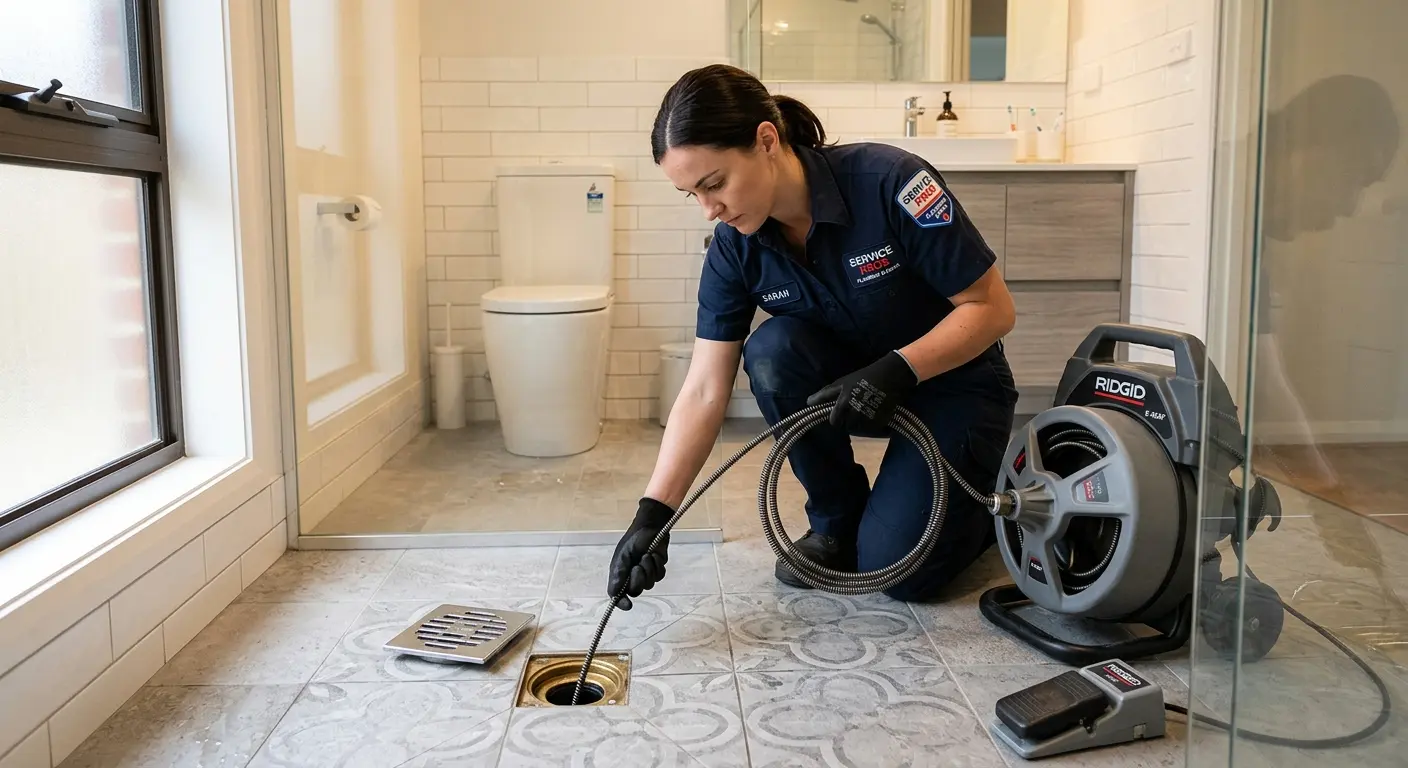 Technician clearing a bathroom floor drain for Drain Cleaning in Alameda